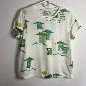 Hot Cotton T-Shirt Women’s Size L Tropical Hut Print Short Sleeve Tee